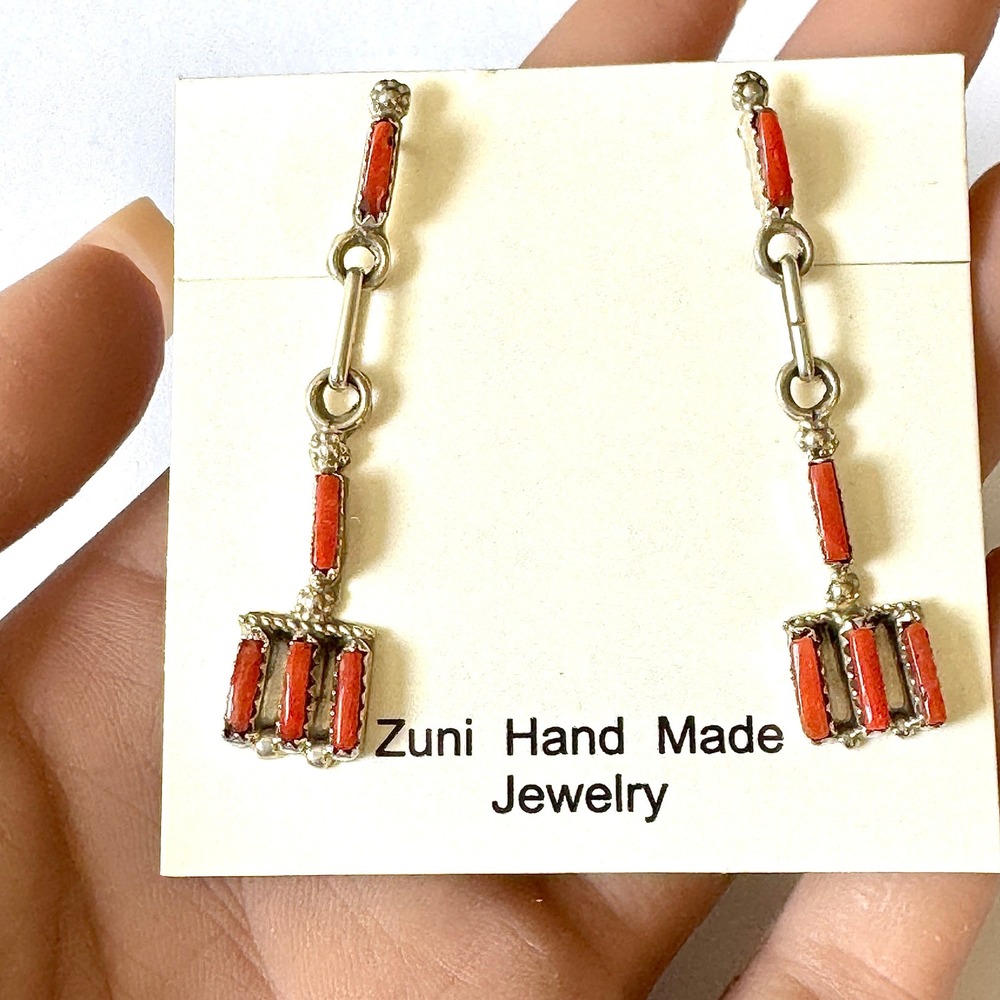 Zuni Needlepoint Red Coral Earrings Post Dangles Sterling Native‎ American